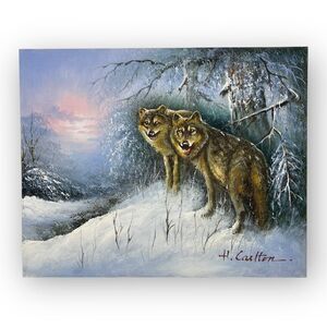 Wolves in Nature Oil Painting on Hardboard Wood Wolf Winter Snow 8x10 Wildlife